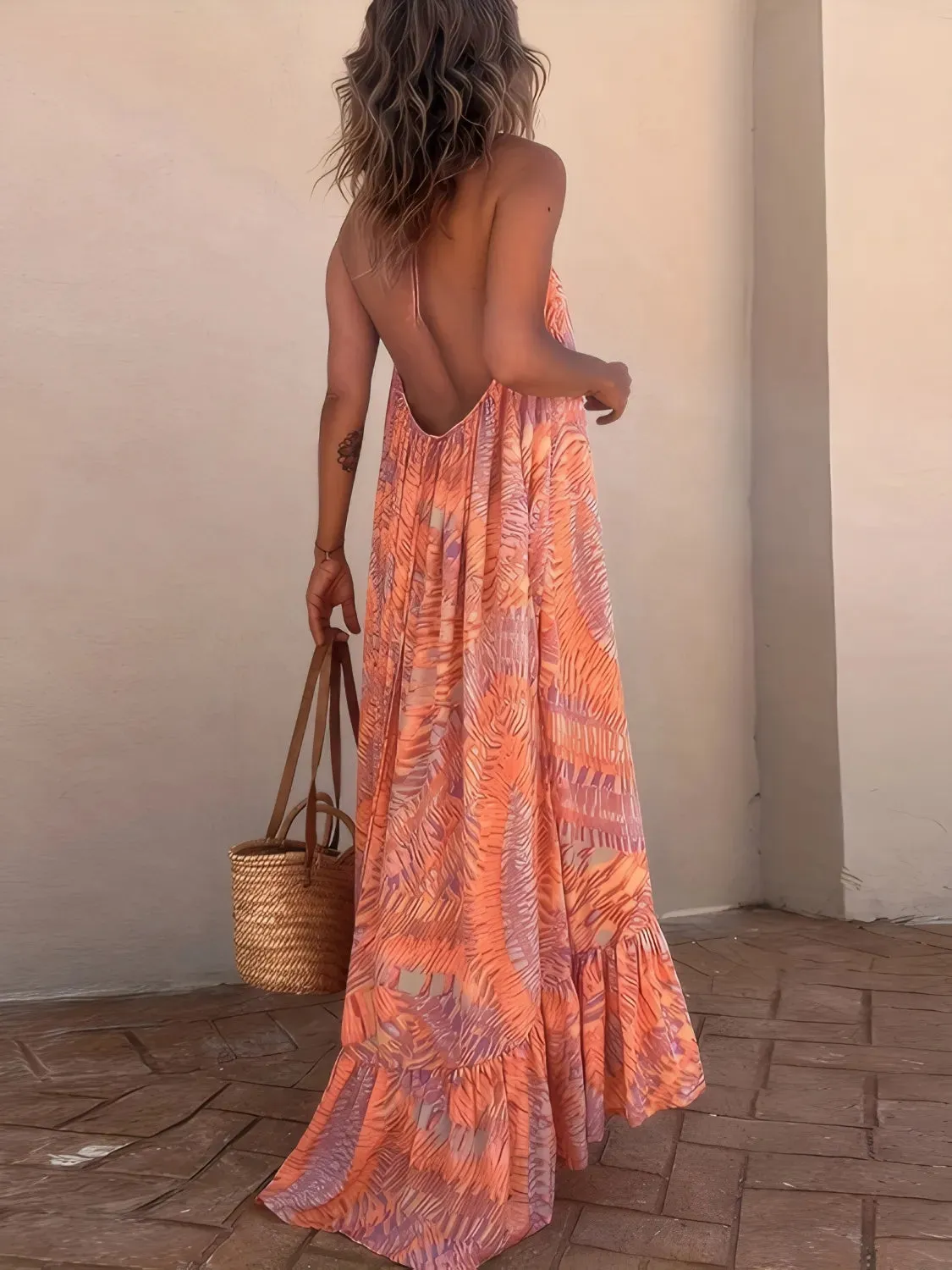 Backless Printed Halter Neck Maxi Cami Dress