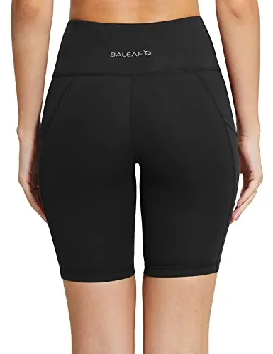 BALEAF Biker Shorts Women Yoga Gym Workout Spandex Running Volleyball Tummy Control Compression Shorts with Pockets 8" Black L