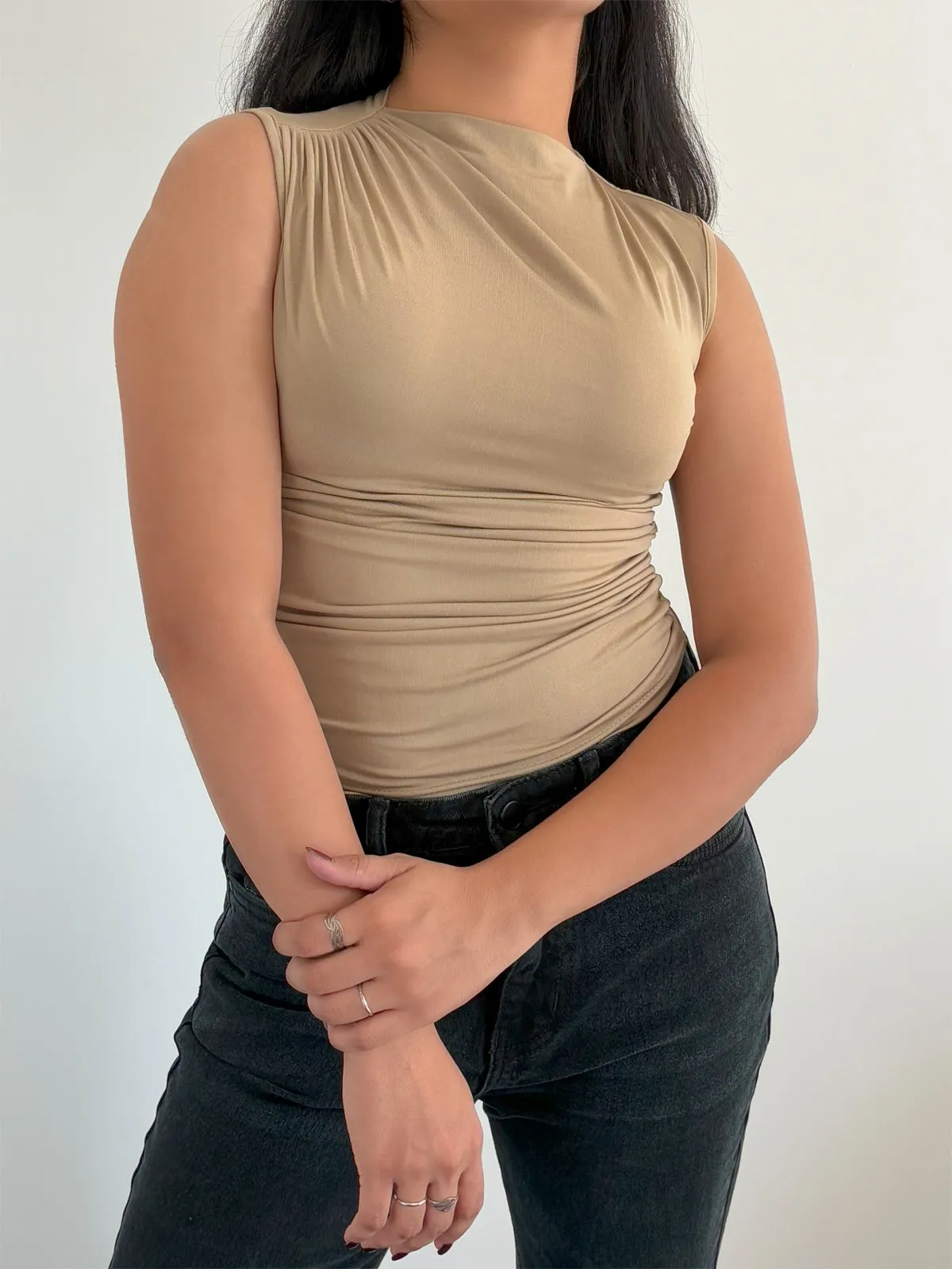 Beige Chic Gathered High Neck Top