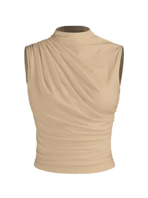 Beige Chic Gathered High Neck Top