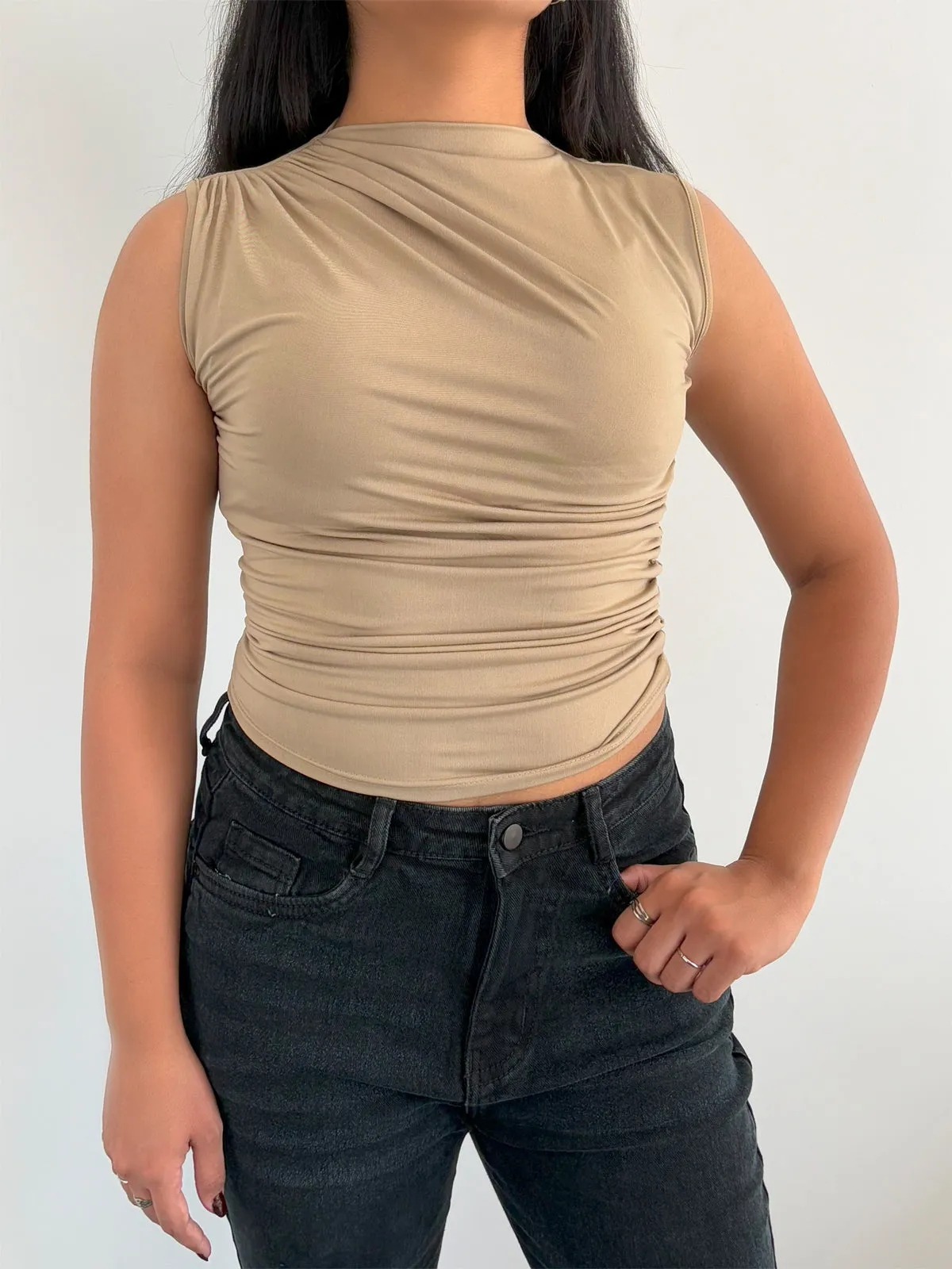 Beige Chic Gathered High Neck Top
