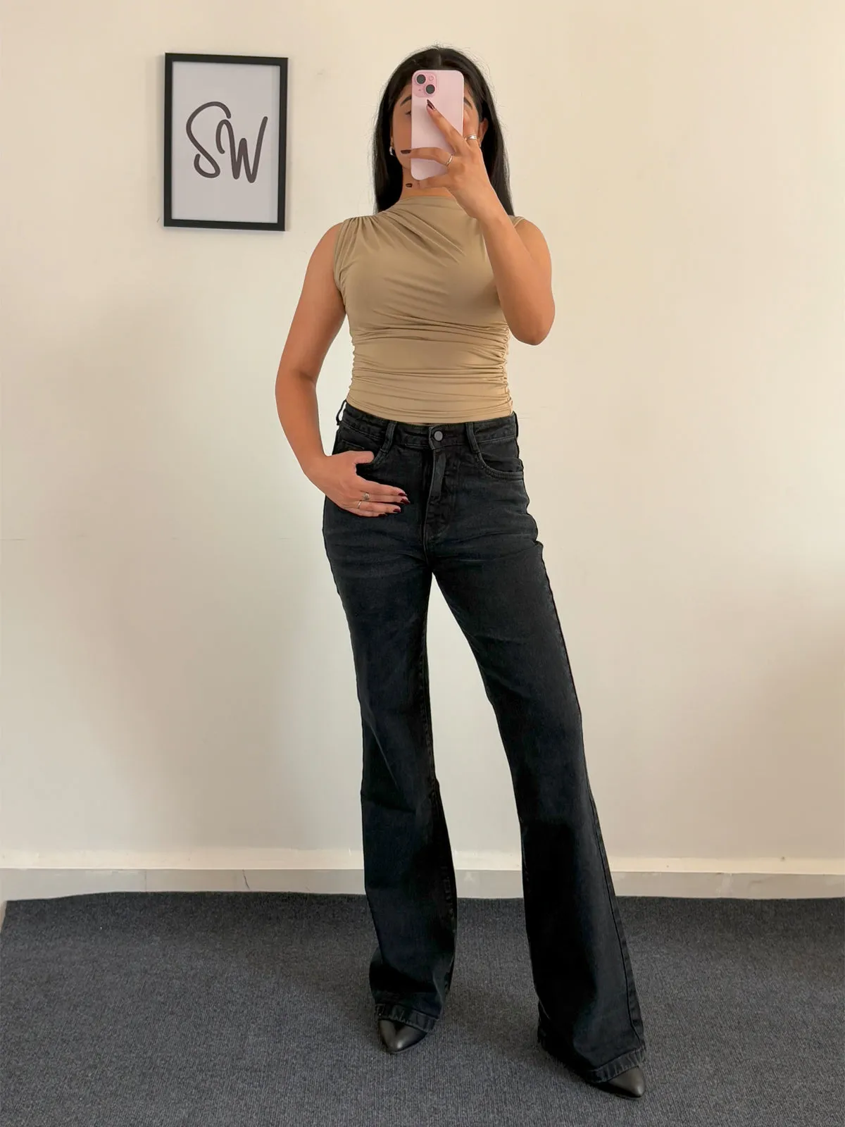 Beige Chic Gathered High Neck Top