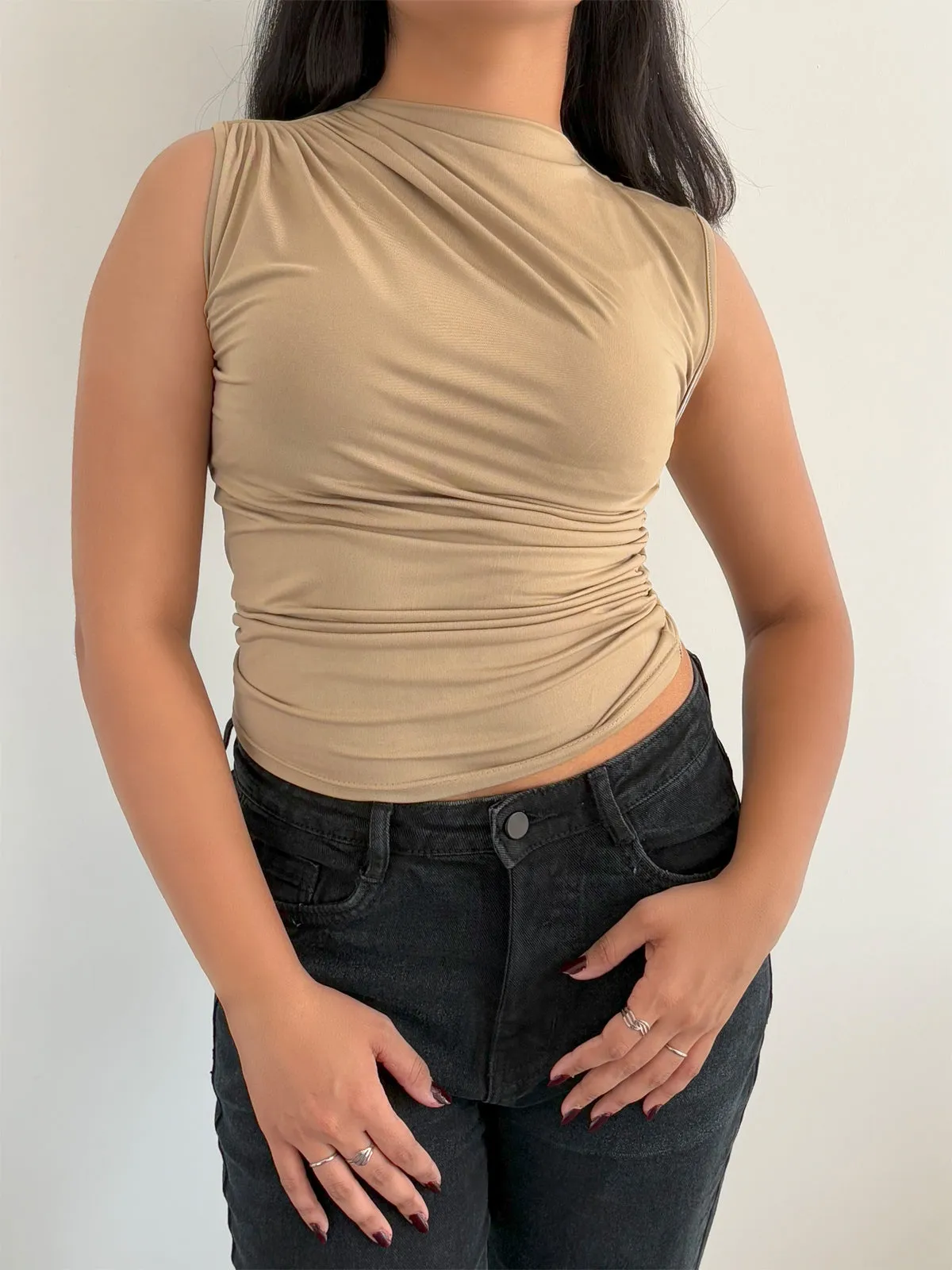 Beige Chic Gathered High Neck Top