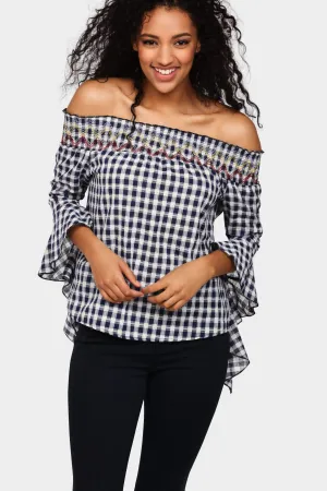 Blue Gingham Off Shoulder Top