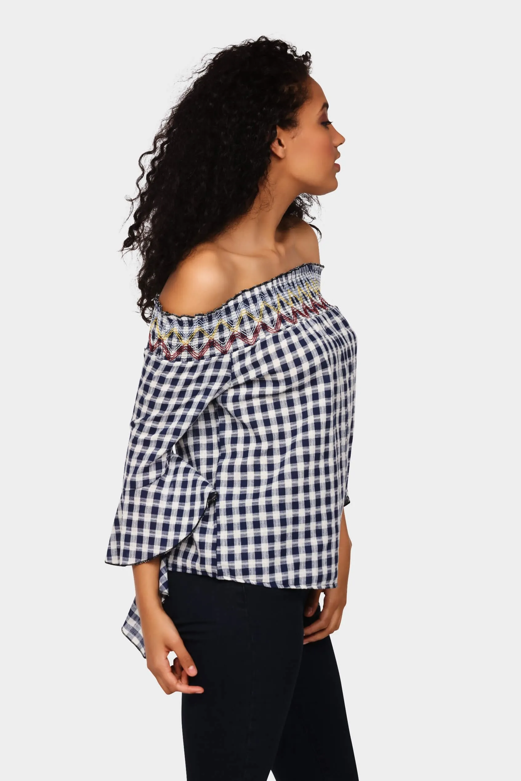 Blue Gingham Off Shoulder Top