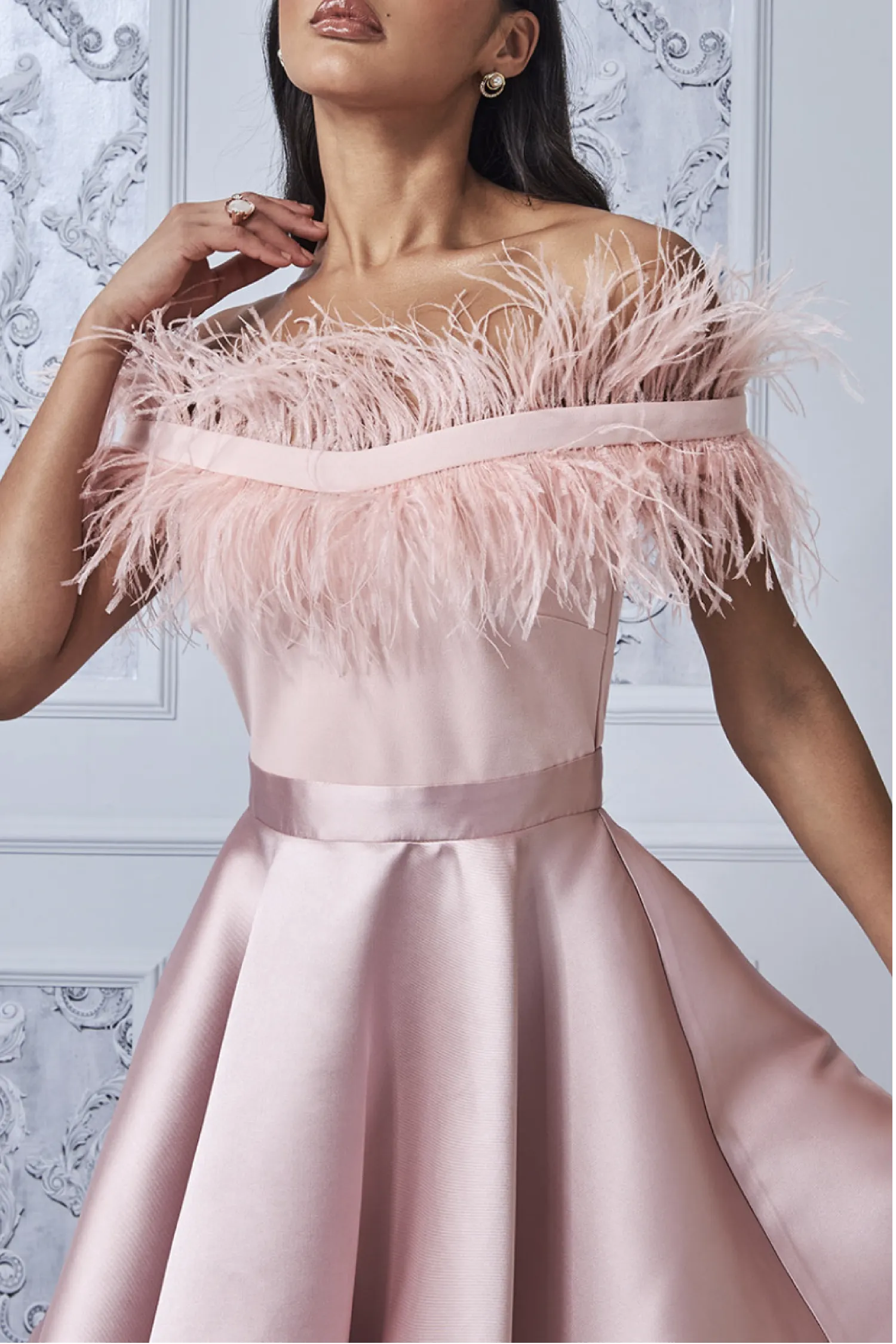 Blush Off The Shoulder Feather Mini Dress