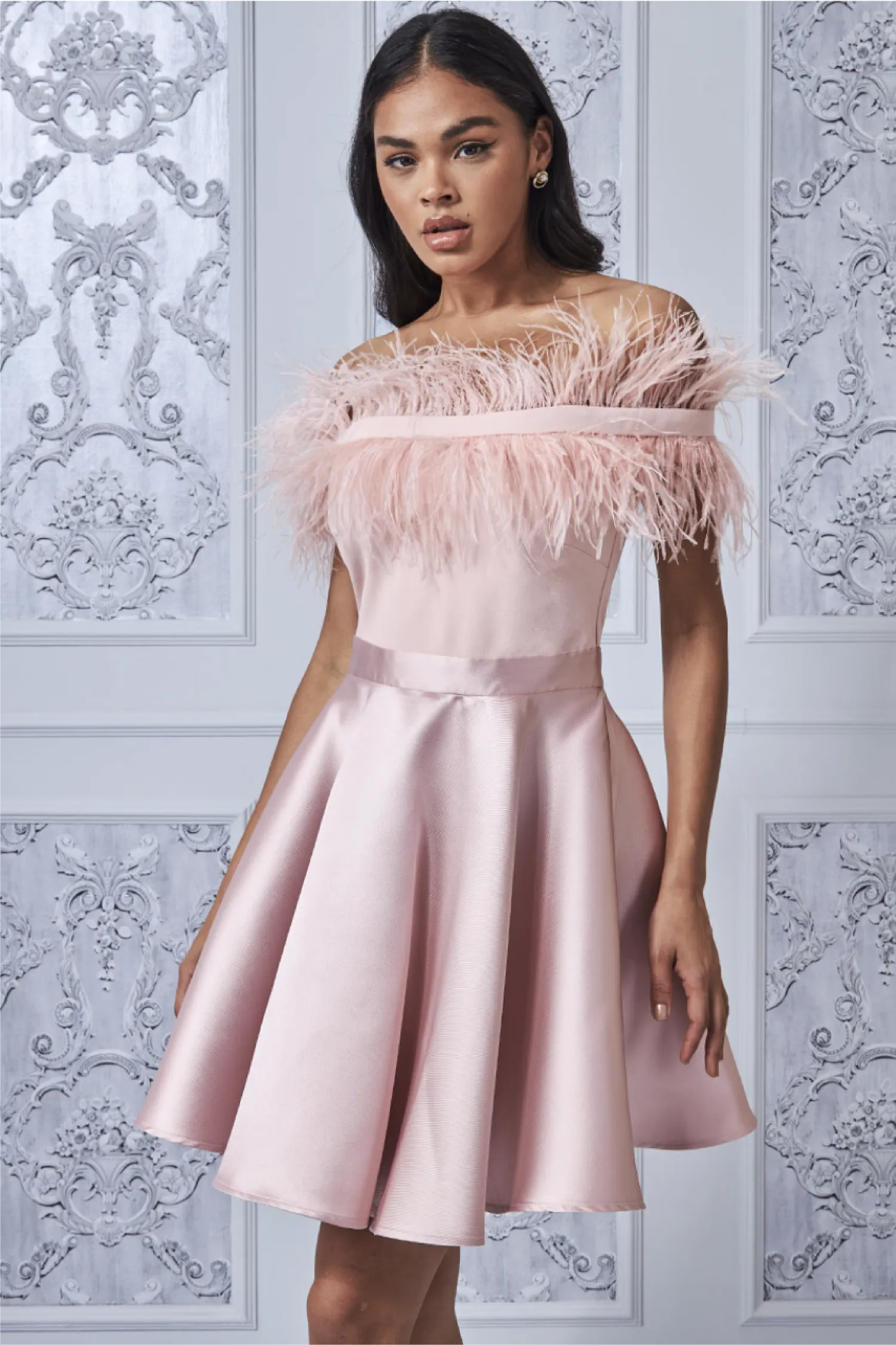 Blush Off The Shoulder Feather Mini Dress