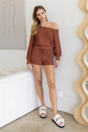 Brown Knit Cold Shoulder Top & Shorts Set /2-2-2