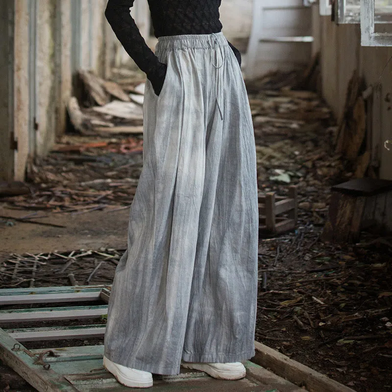 Buddha Stones Casual Plain Loose Handmade Tie-Dye Women's Ramie Cotton Wide Leg Pants With Pockets