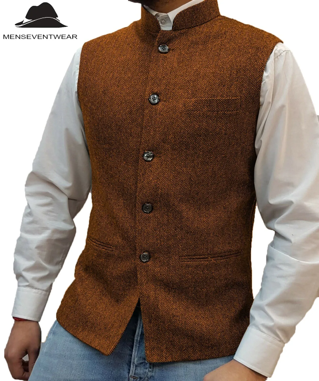Casual Men's Slim Fit herringbone Stand Collar Waistcoat