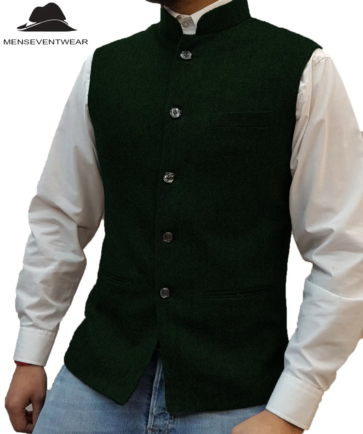 Casual Men's Slim Fit herringbone Stand Collar Waistcoat