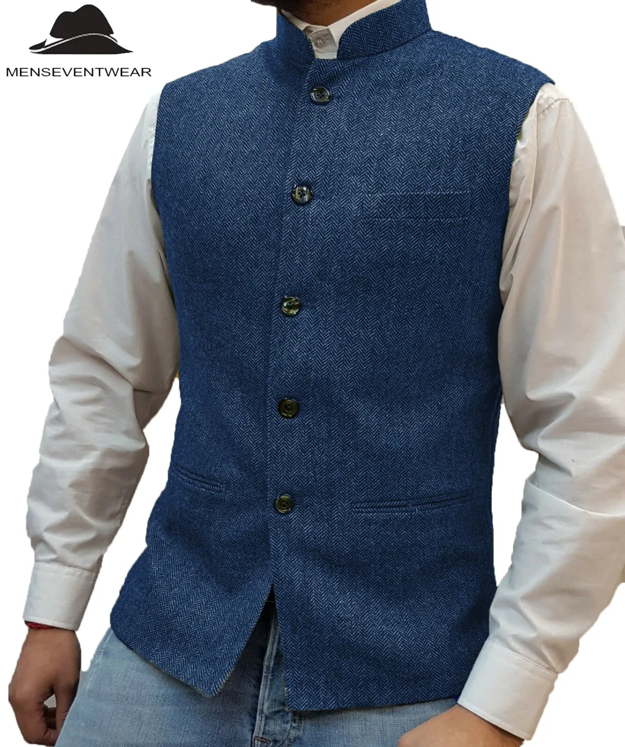 Casual Men's Slim Fit herringbone Stand Collar Waistcoat