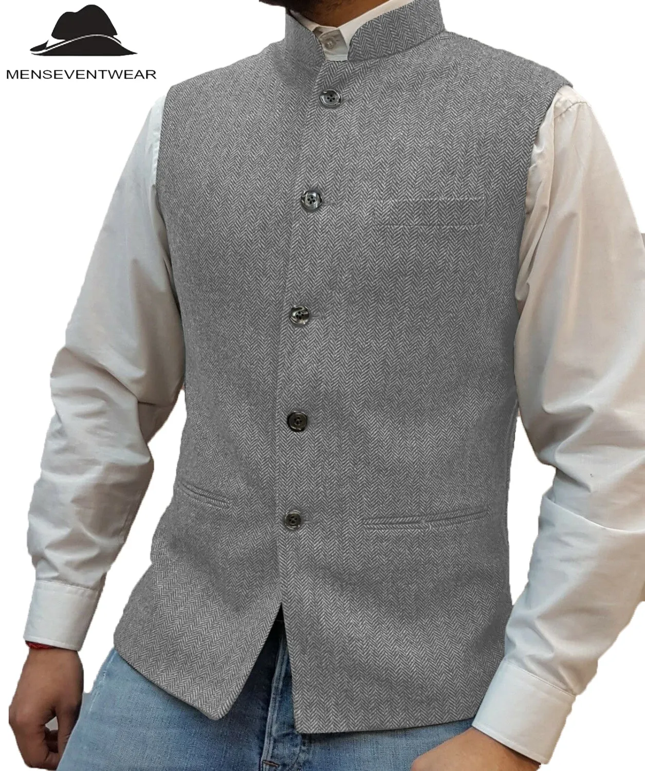 Casual Men's Slim Fit herringbone Stand Collar Waistcoat