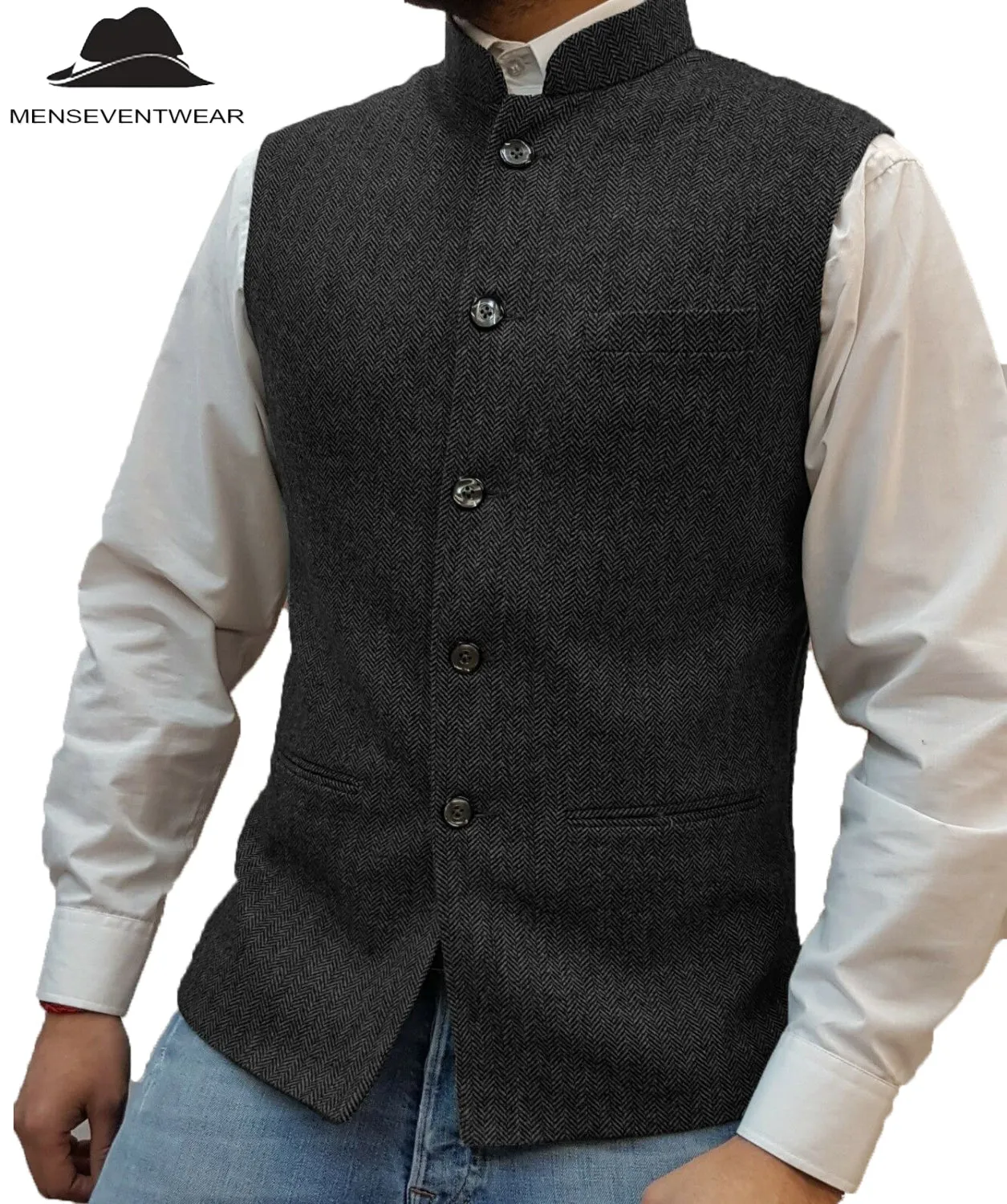 Casual Men's Slim Fit herringbone Stand Collar Waistcoat