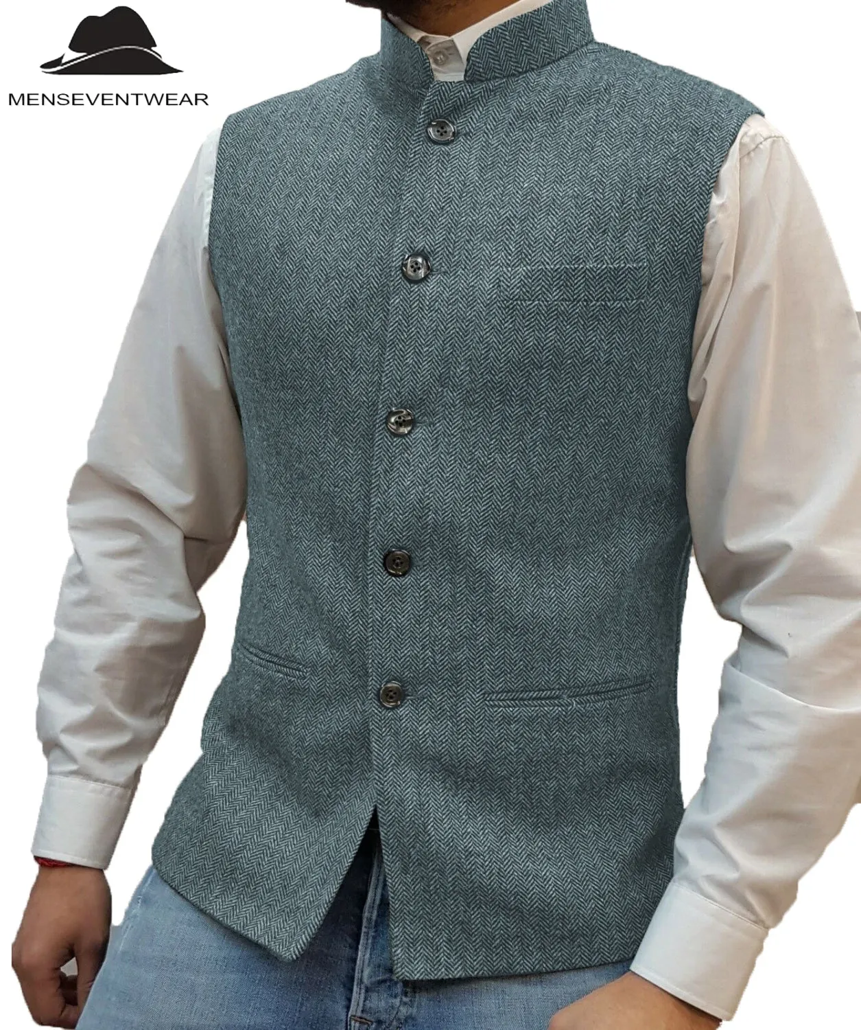 Casual Men's Slim Fit herringbone Stand Collar Waistcoat