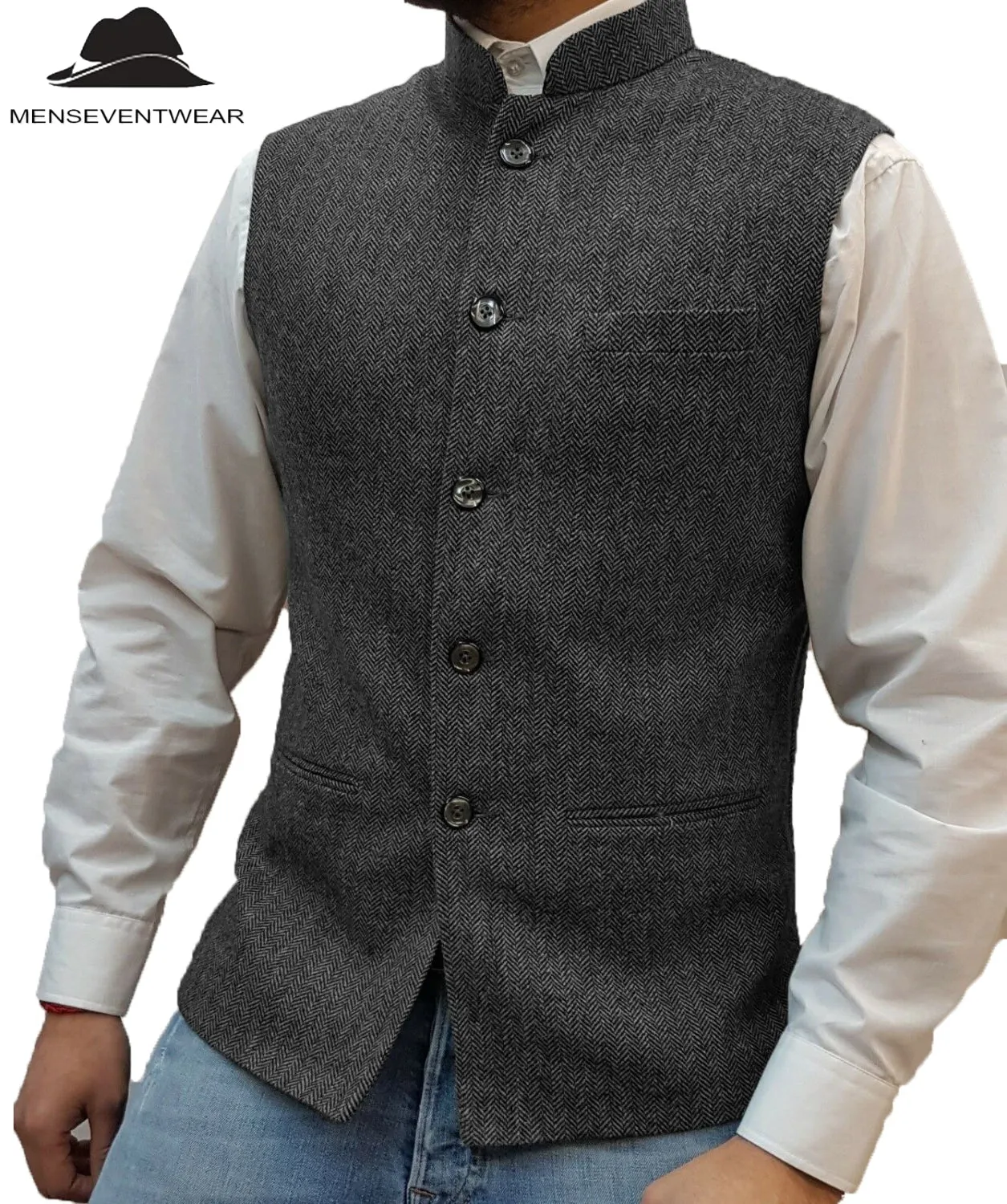 Casual Men's Slim Fit herringbone Stand Collar Waistcoat