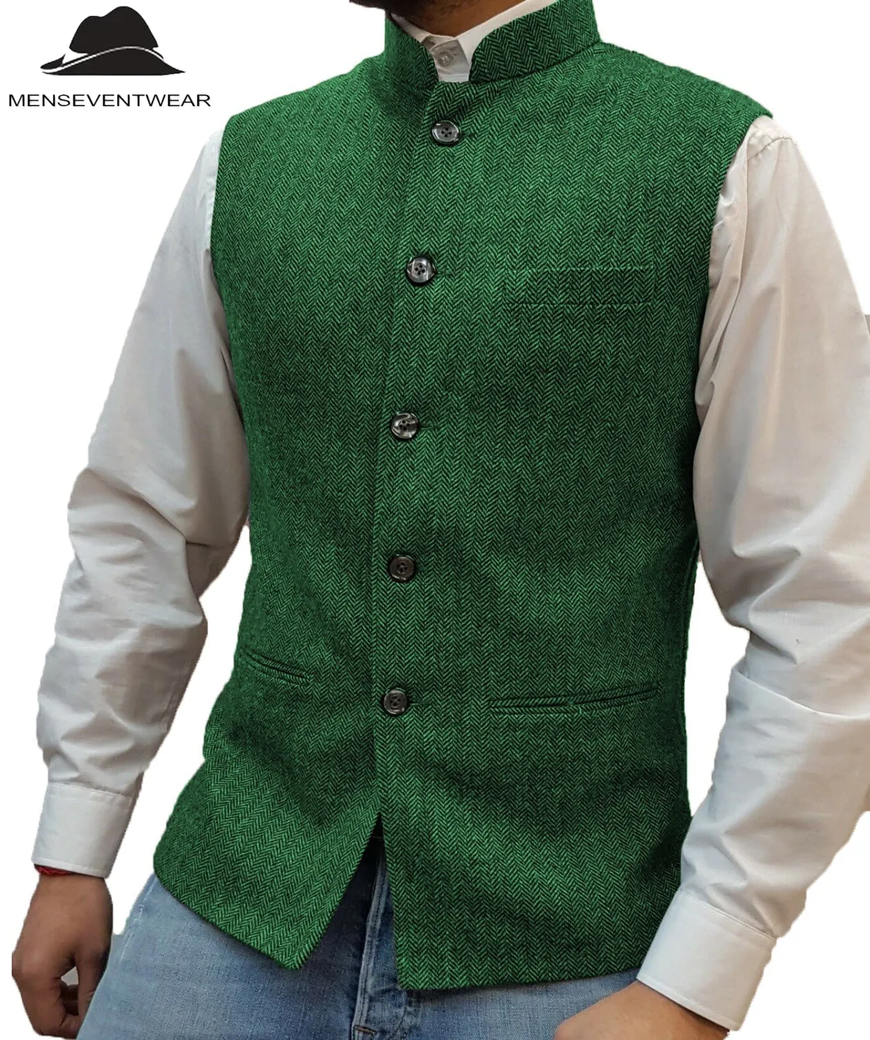 Casual Men's Slim Fit herringbone Stand Collar Waistcoat