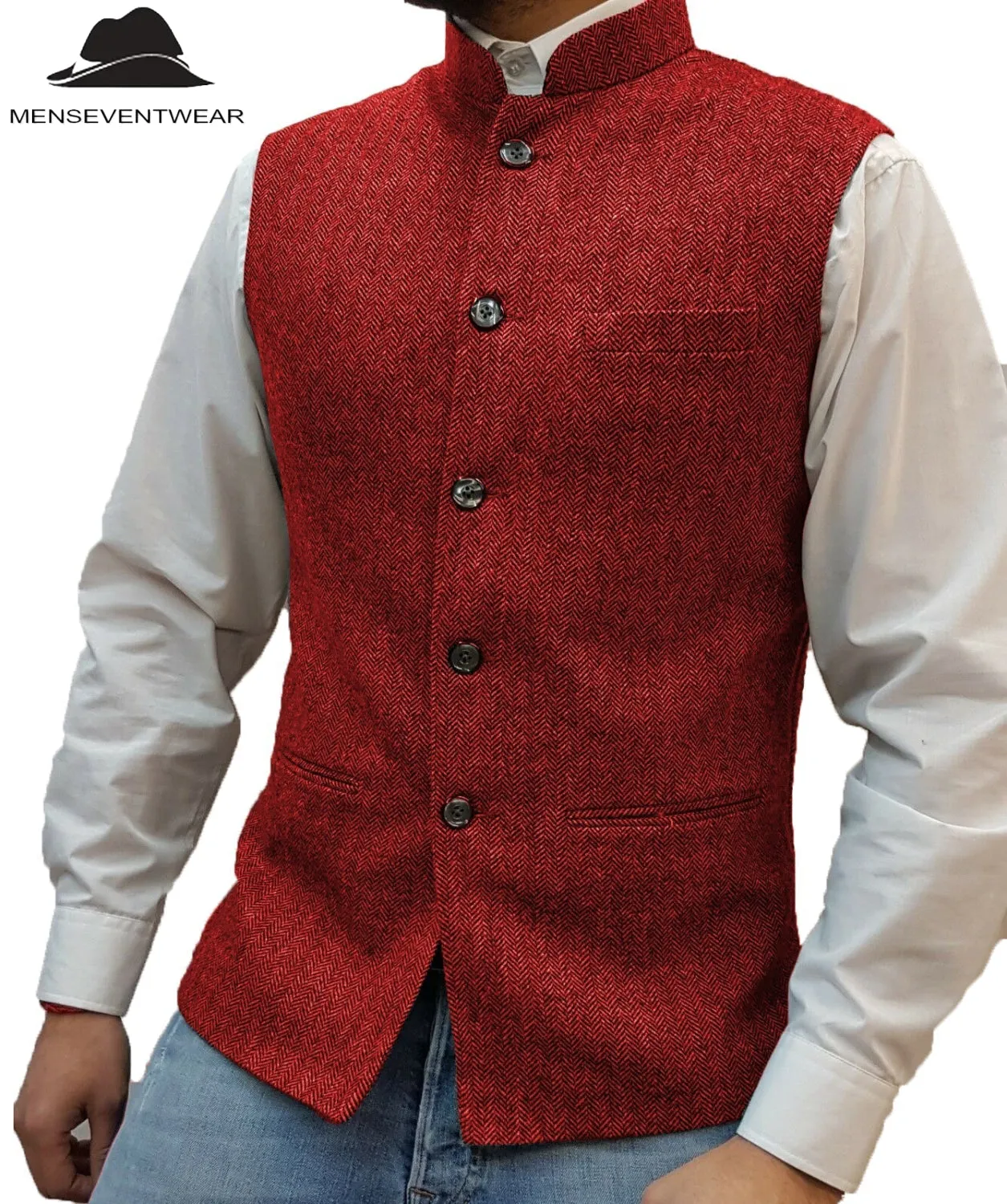 Casual Men's Slim Fit herringbone Stand Collar Waistcoat