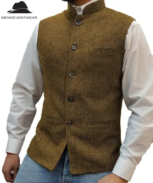 Casual Men's Slim Fit herringbone Stand Collar Waistcoat