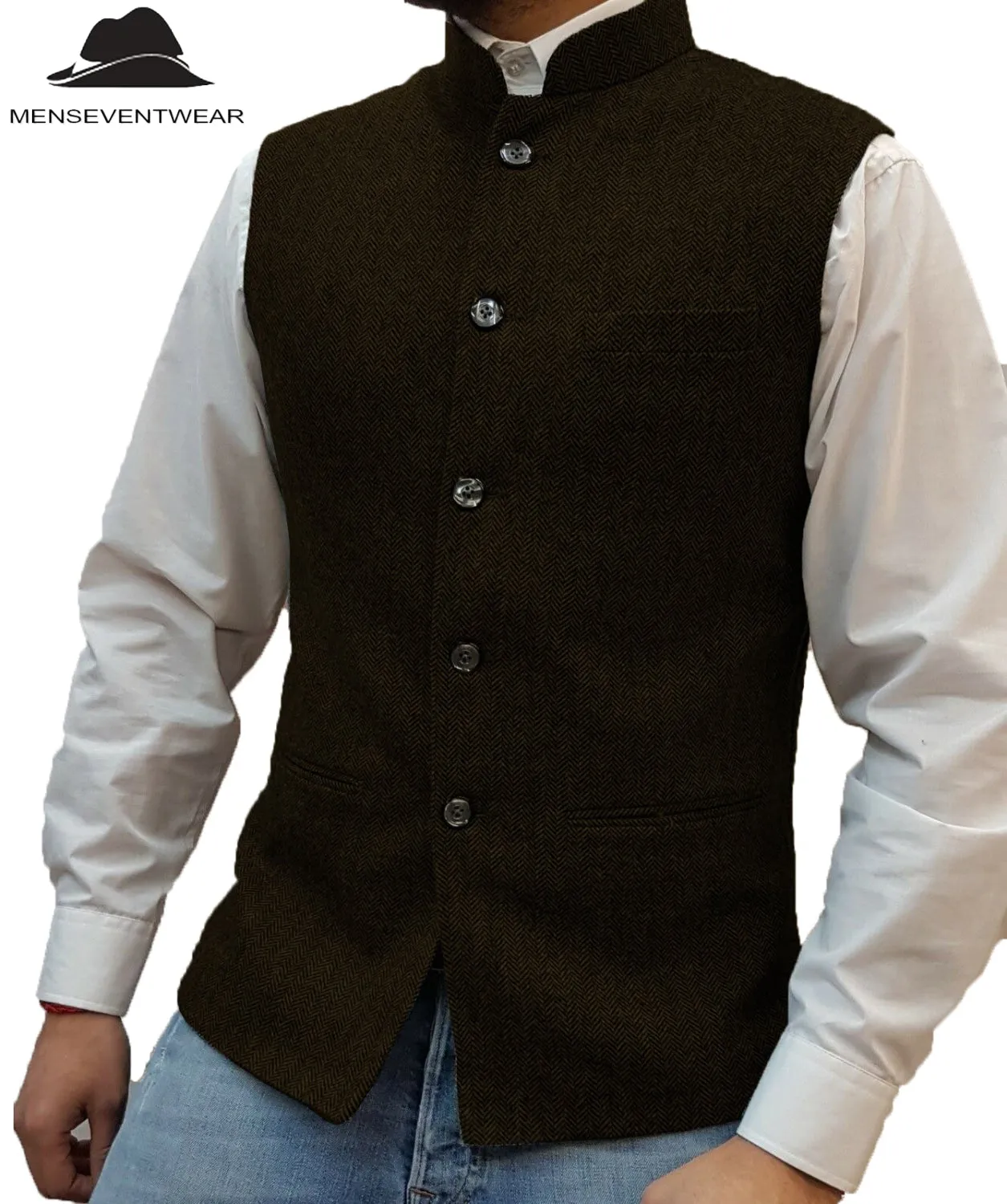 Casual Men's Slim Fit herringbone Stand Collar Waistcoat