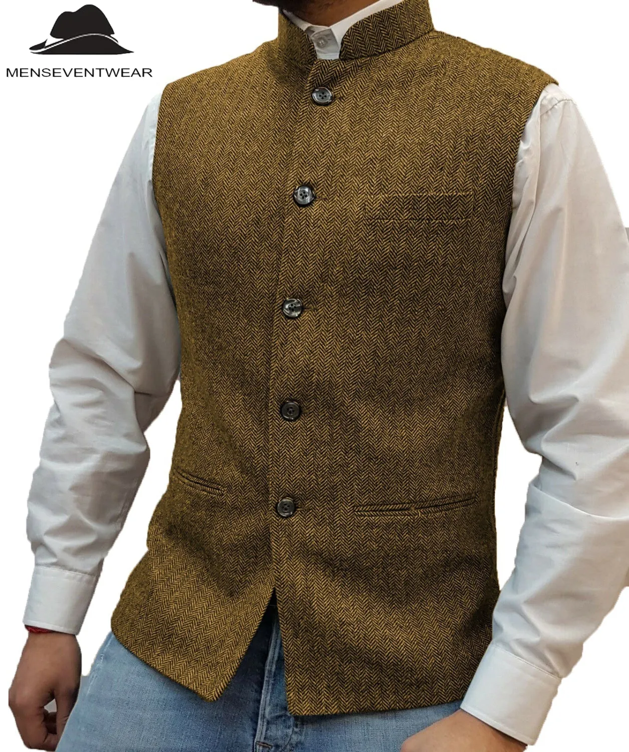 Casual Men's Slim Fit herringbone Stand Collar Waistcoat