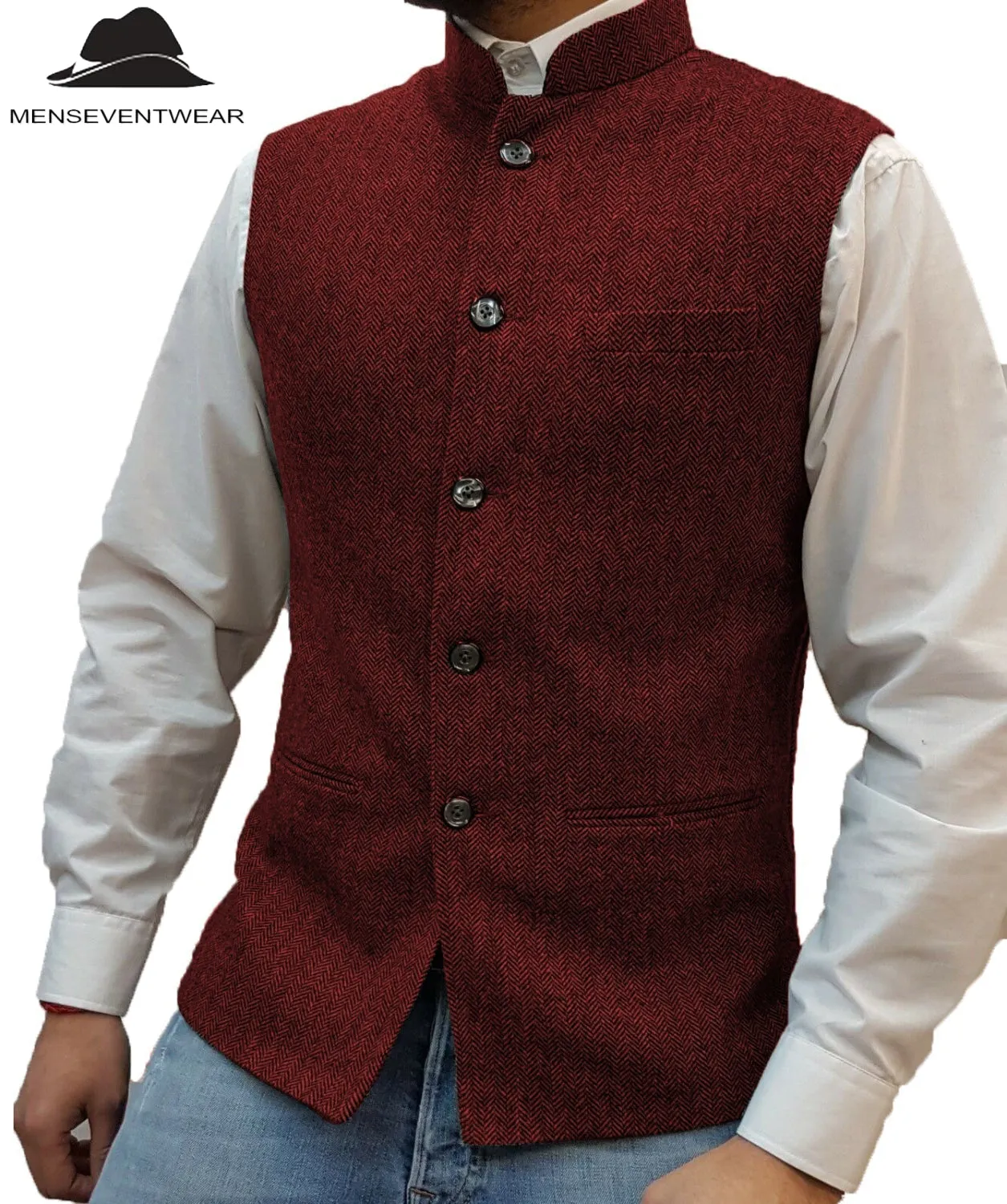 Casual Men's Slim Fit herringbone Stand Collar Waistcoat