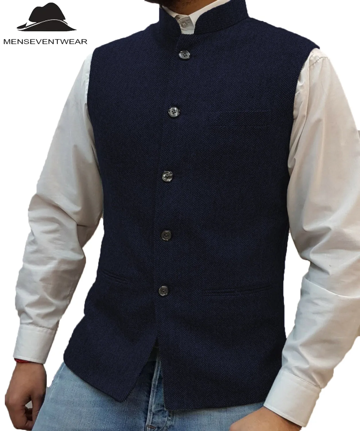 Casual Men's Slim Fit herringbone Stand Collar Waistcoat