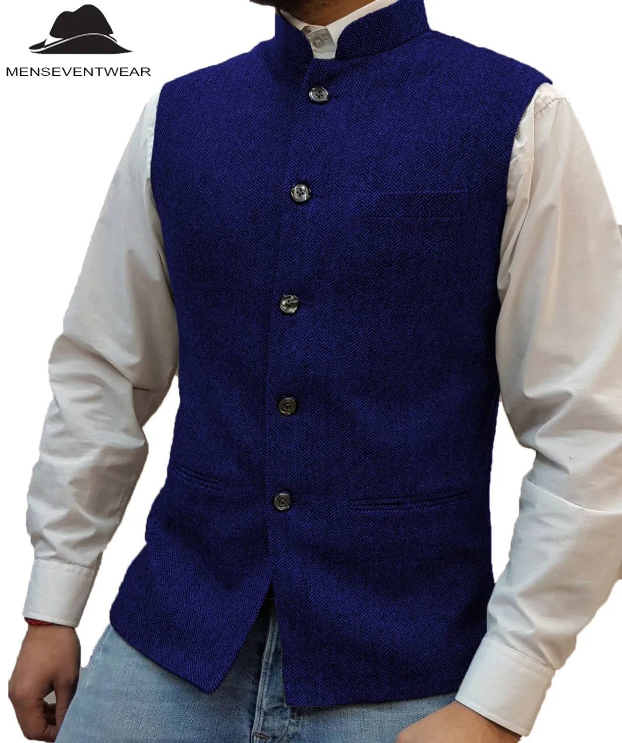 Casual Men's Slim Fit herringbone Stand Collar Waistcoat