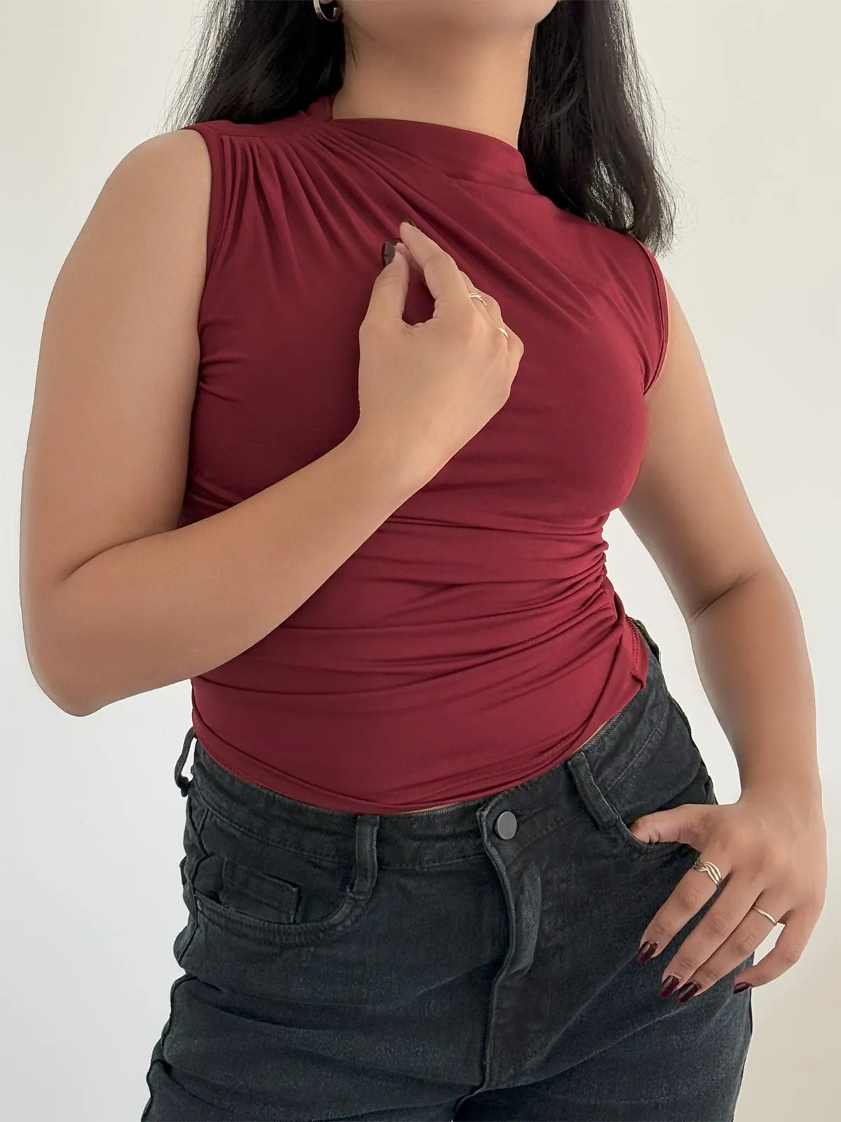Cherry Chic Gathered High Neck Top