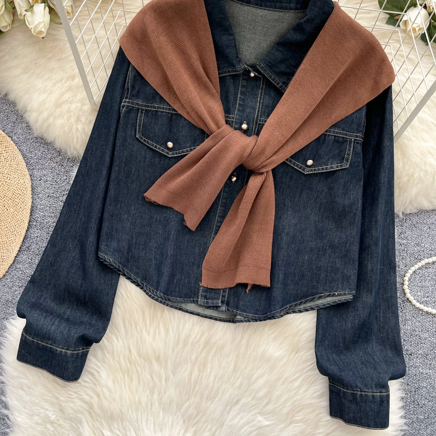 Chic Denim Shirt with Knitted Shawl