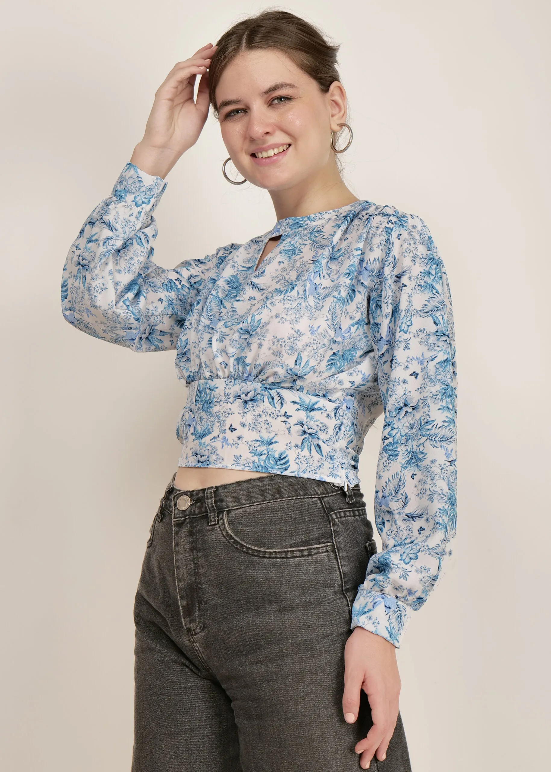 Chic Fusion Blue Printed Crop Top
