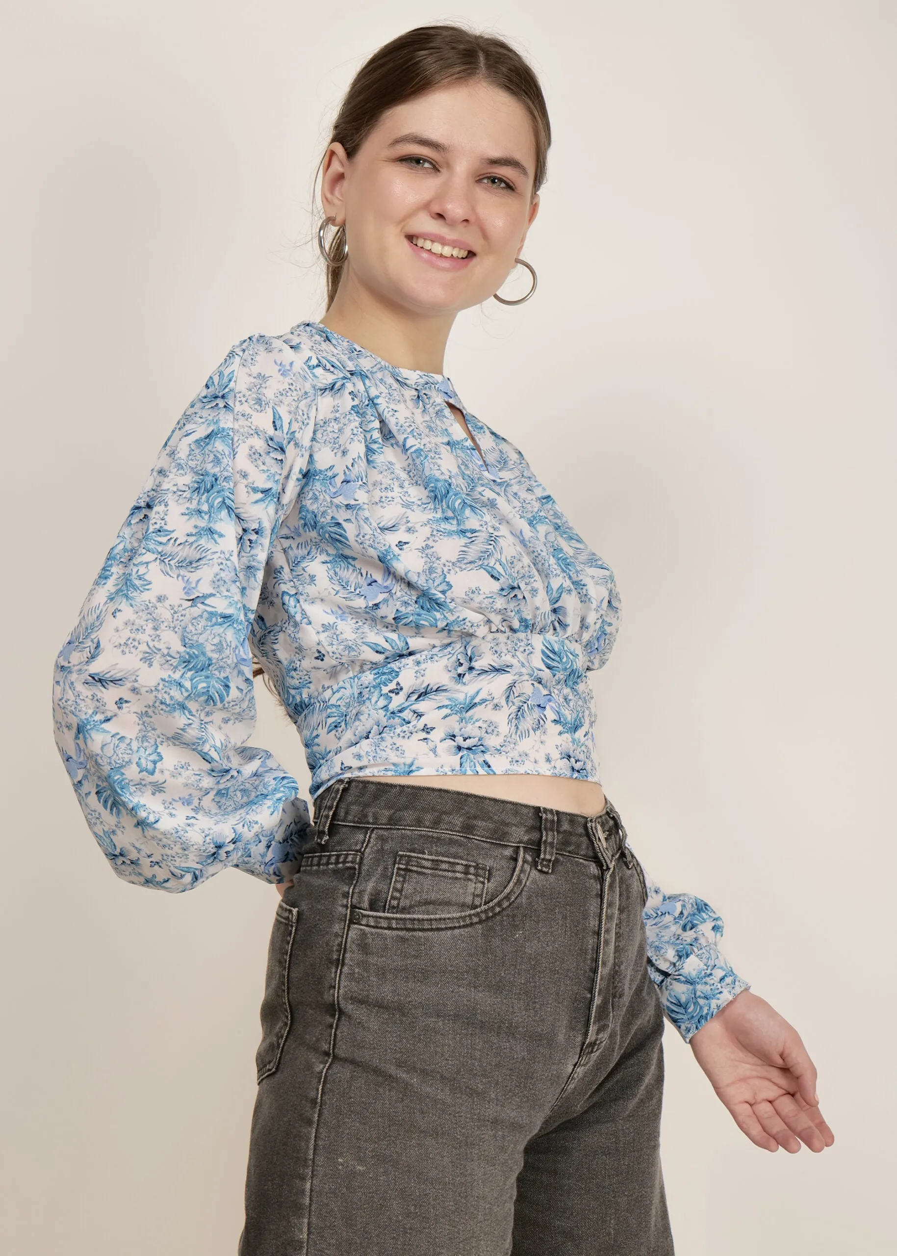 Chic Fusion Blue Printed Crop Top
