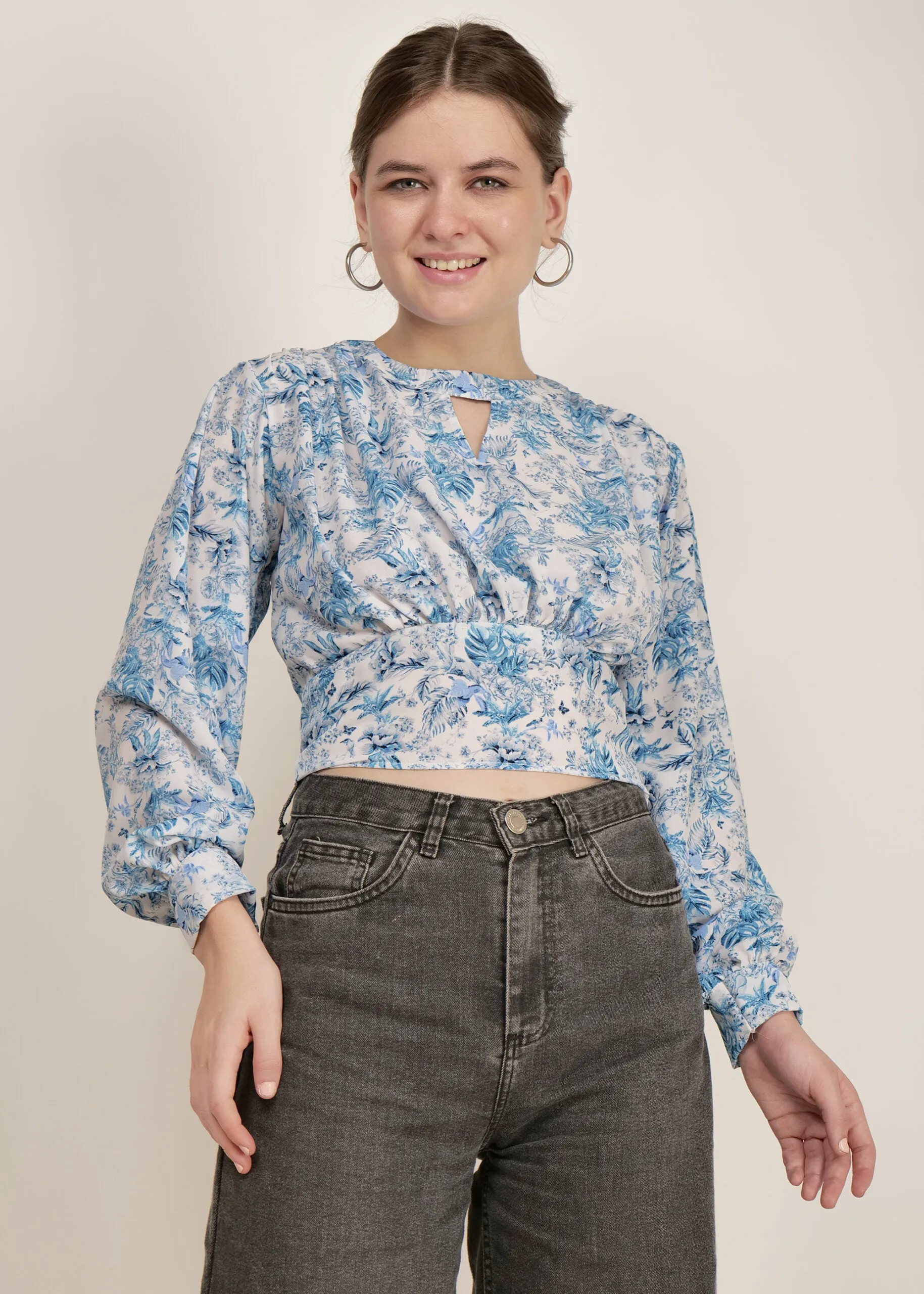 Chic Fusion Blue Printed Crop Top