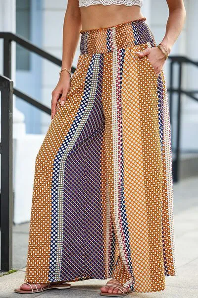 Chic Smocked Palazzo Pants with Vibrant Print and Comfortable Wide Waistband