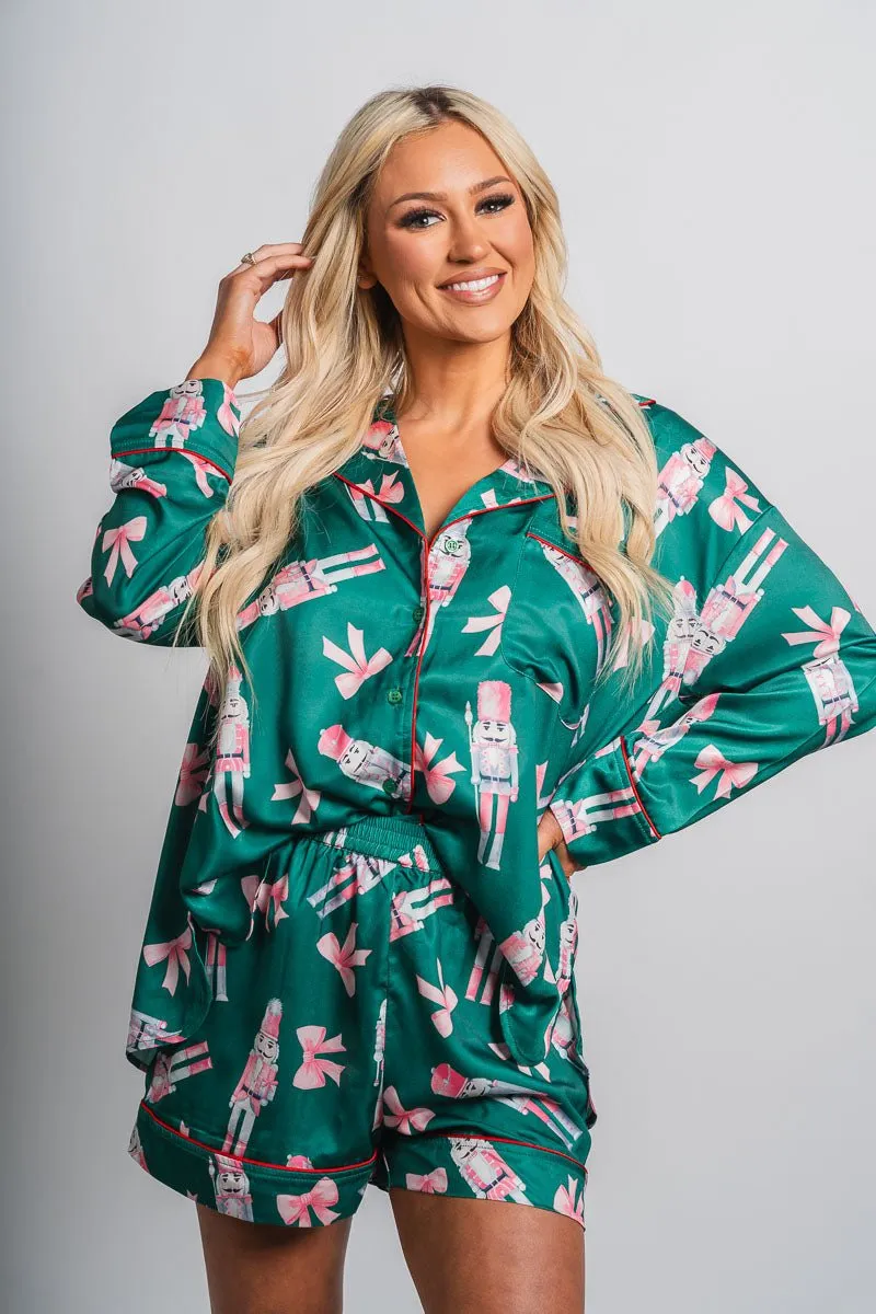 Christmas nutcracker satin top green
