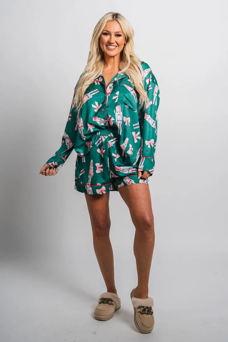 Christmas nutcracker satin top green
