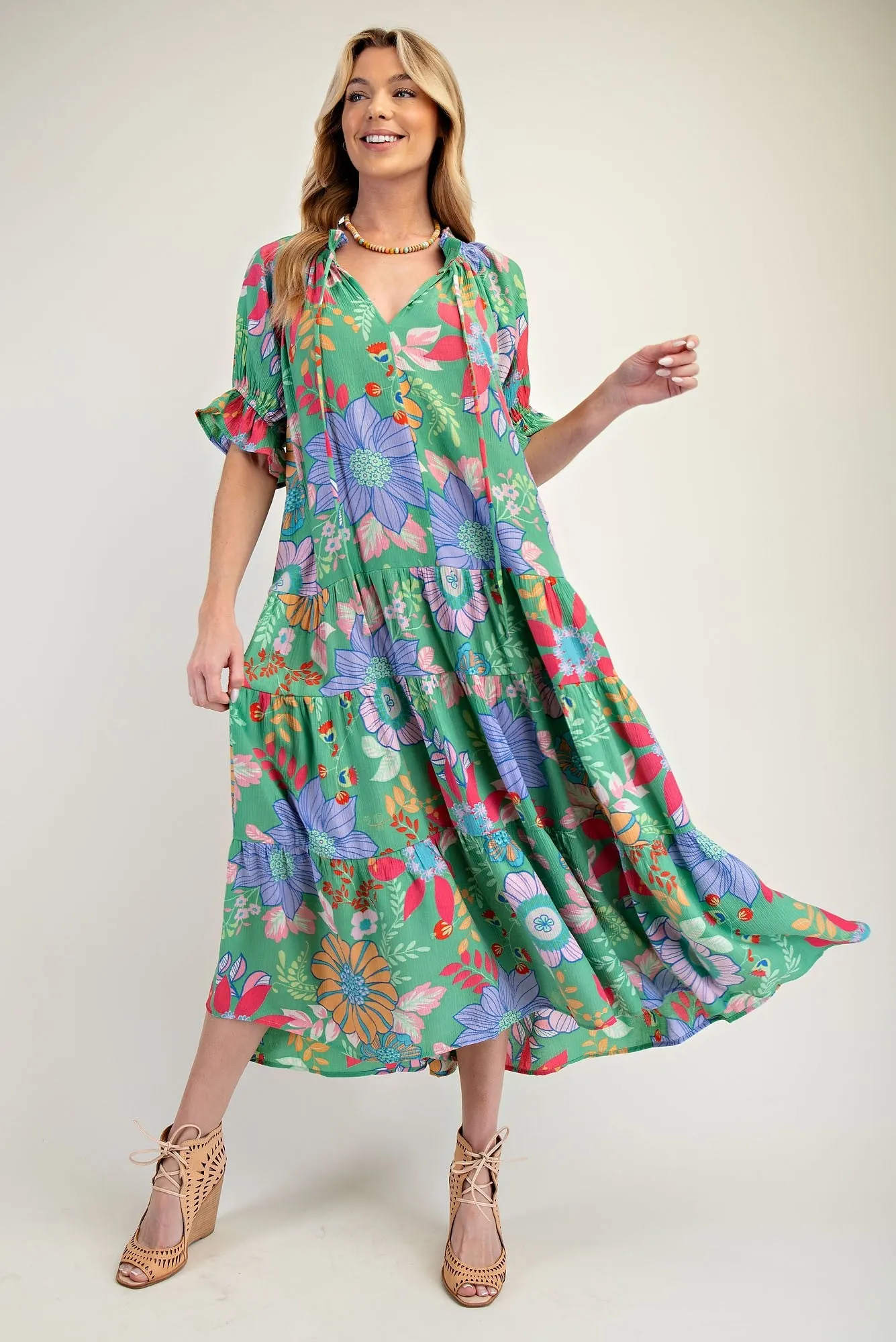 Easel PEACH BLOSSOM Print Maxi Dress in Apple Green ON ORDER