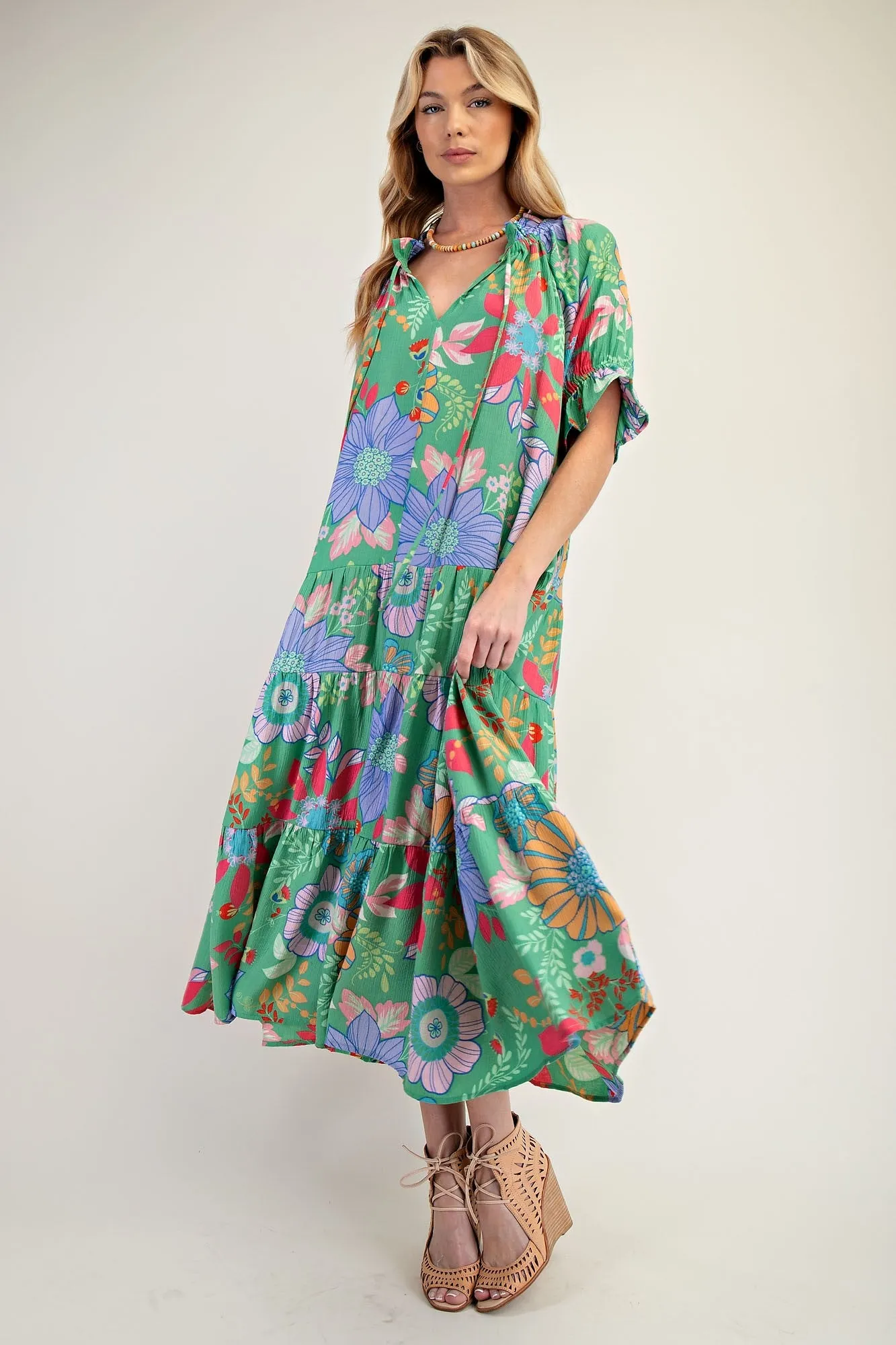 Easel PEACH BLOSSOM Print Maxi Dress in Apple Green ON ORDER