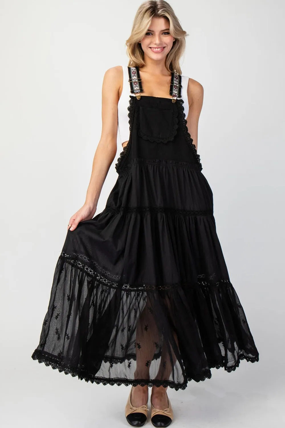 ee:some Lace Trimmed Overall Maxi Dress in Black