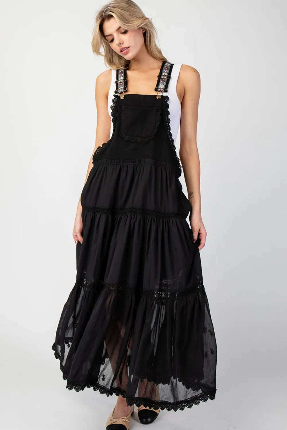 ee:some Lace Trimmed Overall Maxi Dress in Black