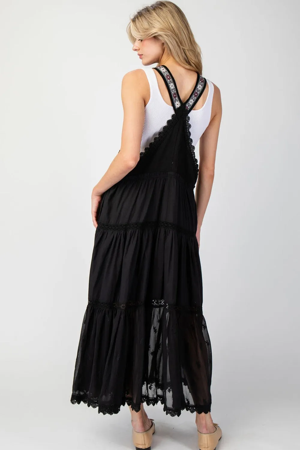 ee:some Lace Trimmed Overall Maxi Dress in Black