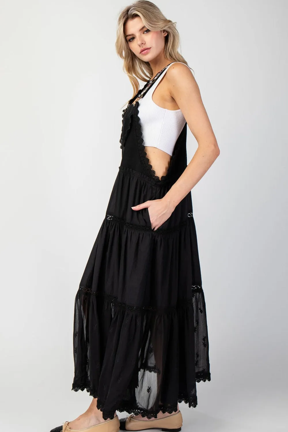 ee:some Lace Trimmed Overall Maxi Dress in Black