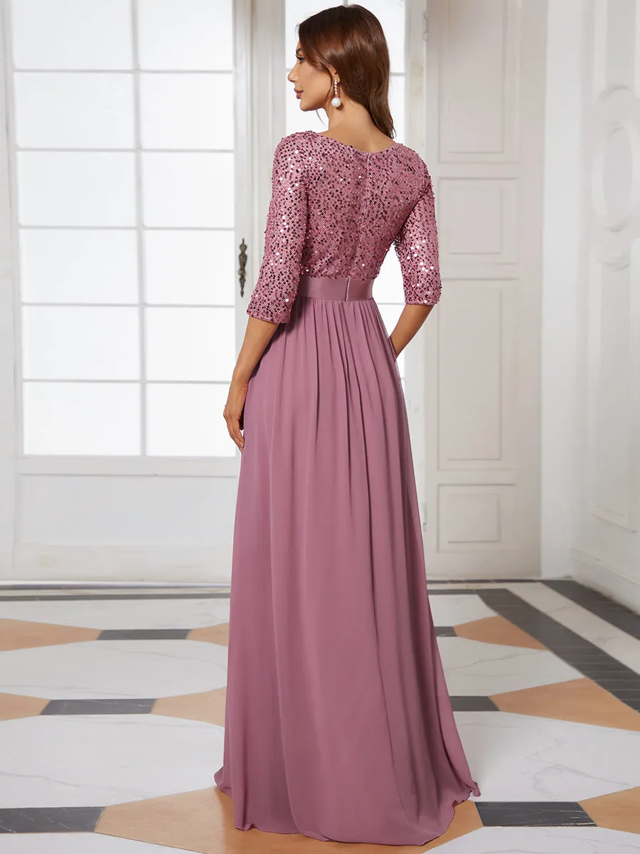 Elegant Round Neckline 3/4 Sleeve Sequins Patchwork Wholesale Evening Dress