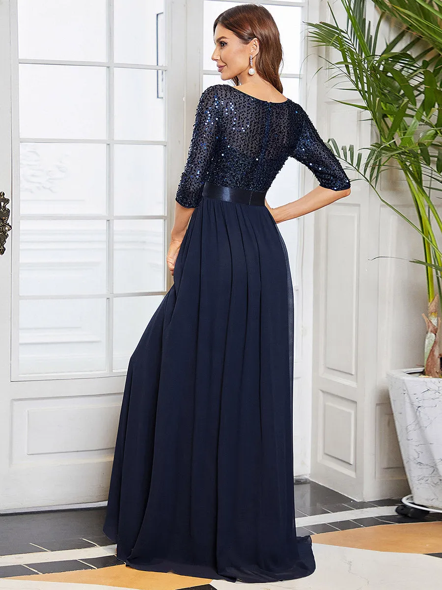 Elegant Round Neckline 3/4 Sleeve Sequins Patchwork Wholesale Evening Dress