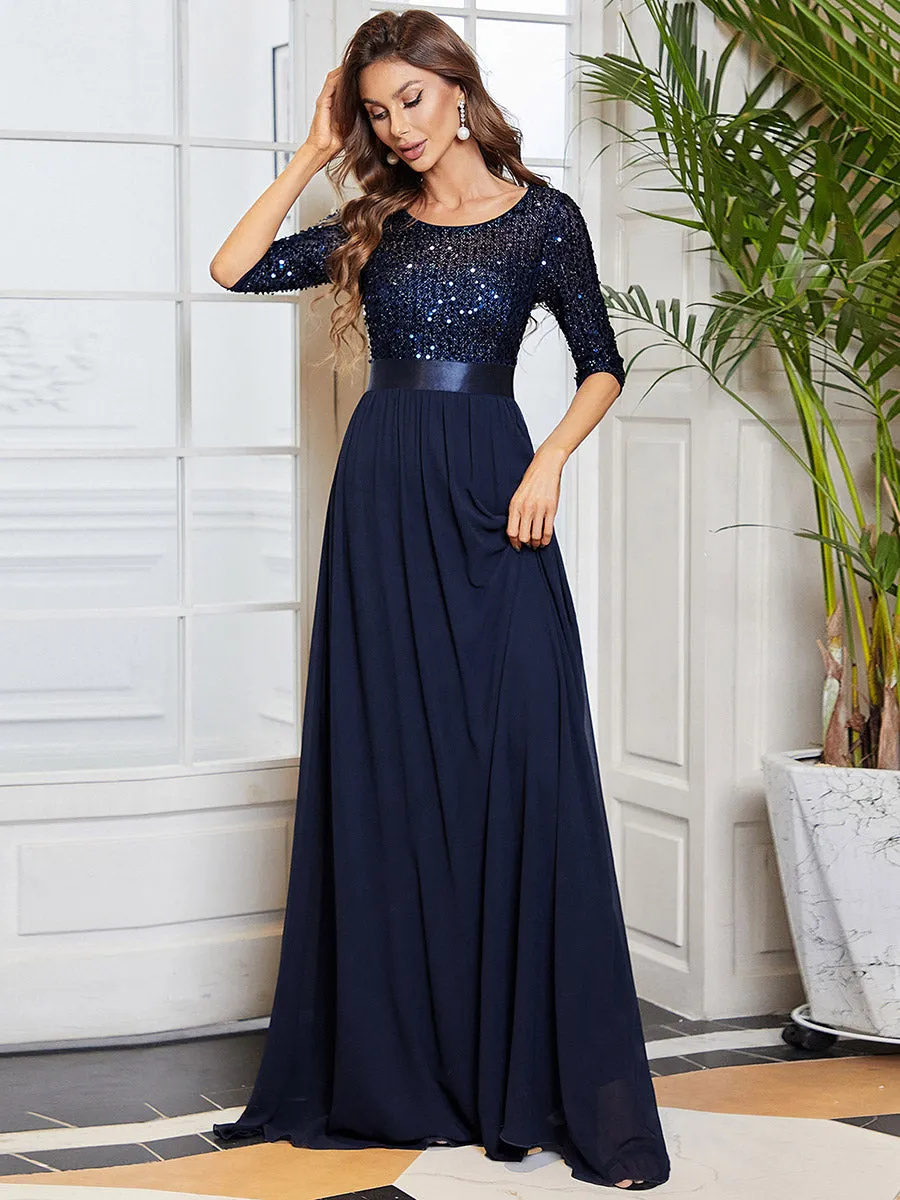 Elegant Round Neckline 3/4 Sleeve Sequins Patchwork Wholesale Evening Dress