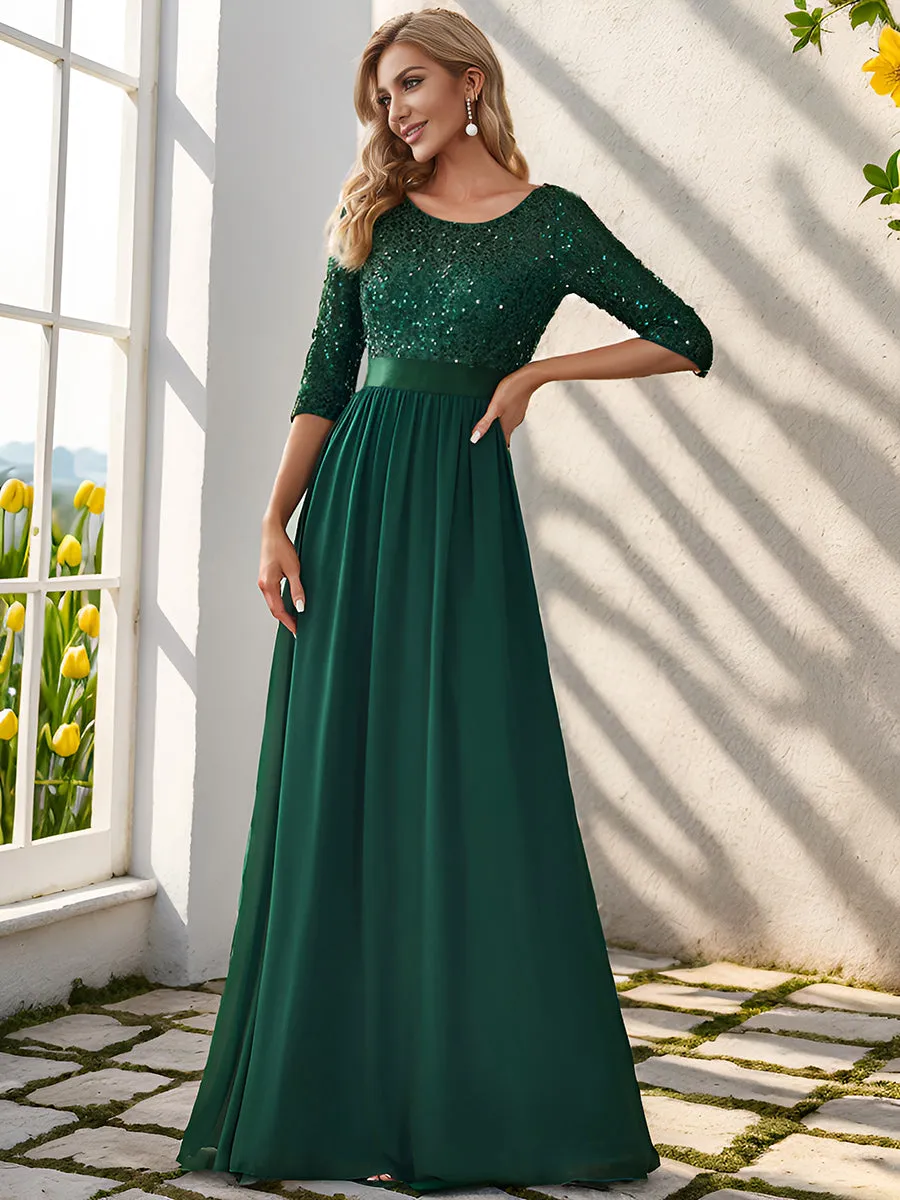 Elegant Round Neckline 3/4 Sleeve Sequins Patchwork Wholesale Evening Dress