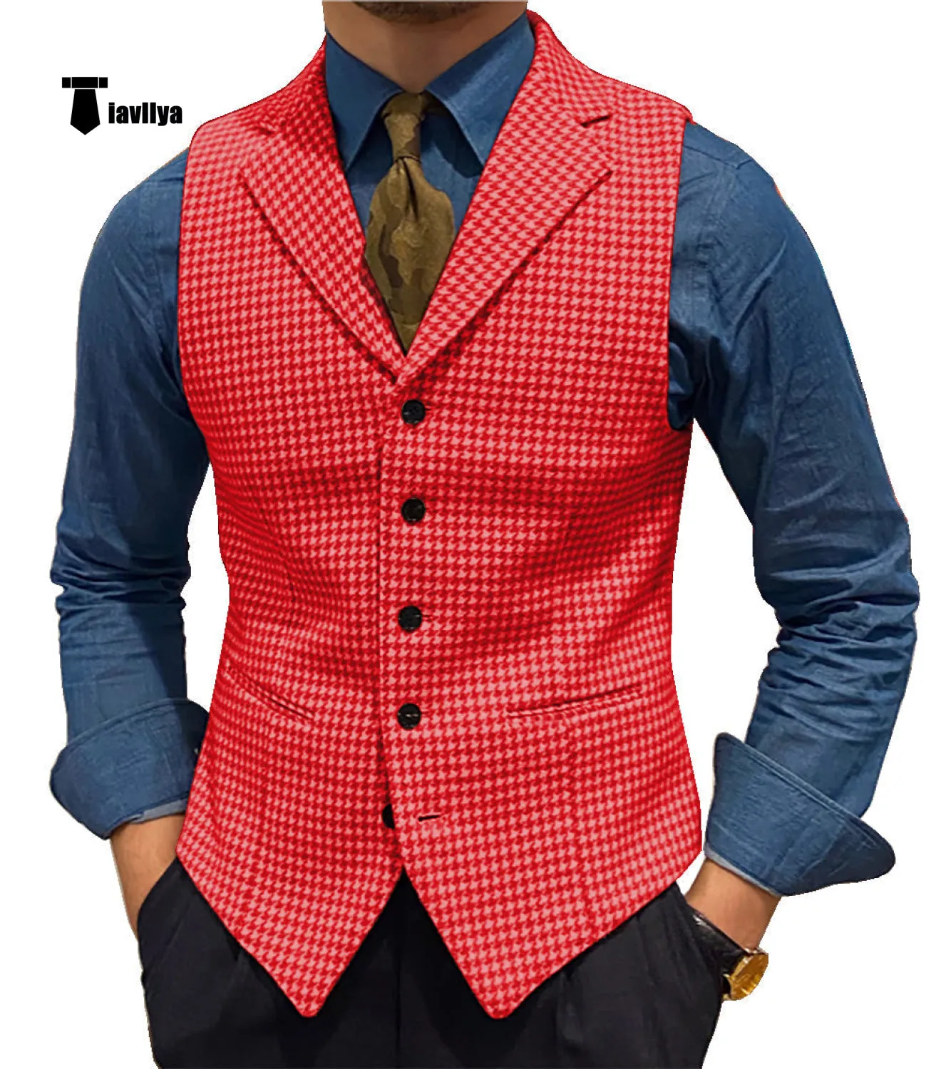 Fashion Men's vest Houndstooth Notch Lapel Waistcoat