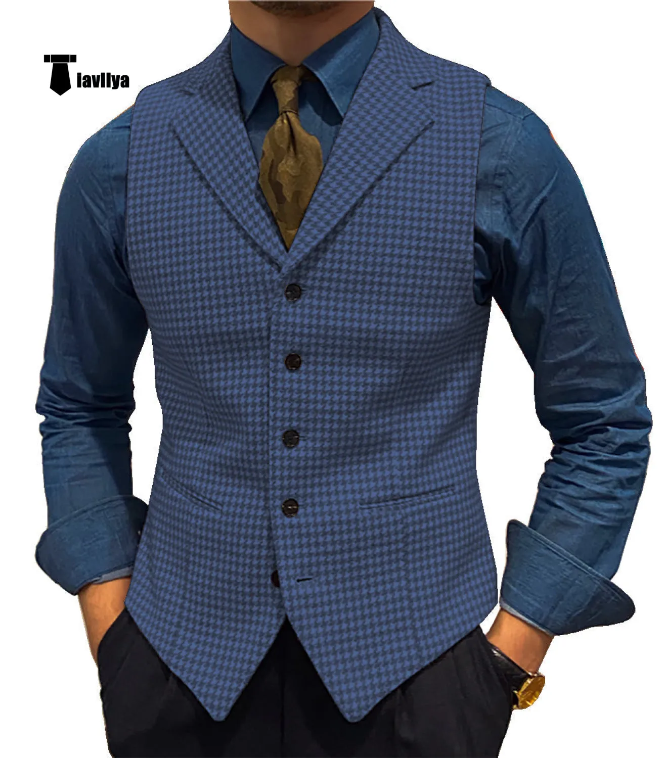 Fashion Men's vest Houndstooth Notch Lapel Waistcoat