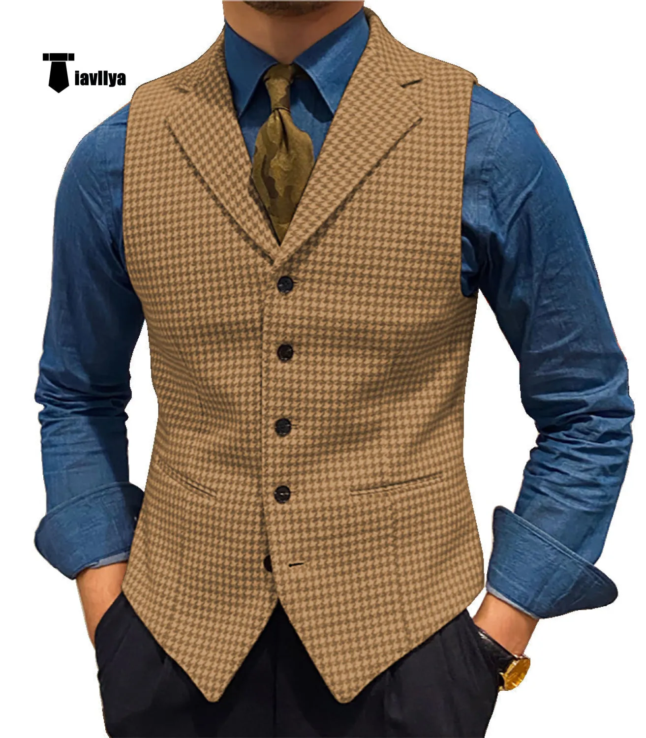 Fashion Men's vest Houndstooth Notch Lapel Waistcoat