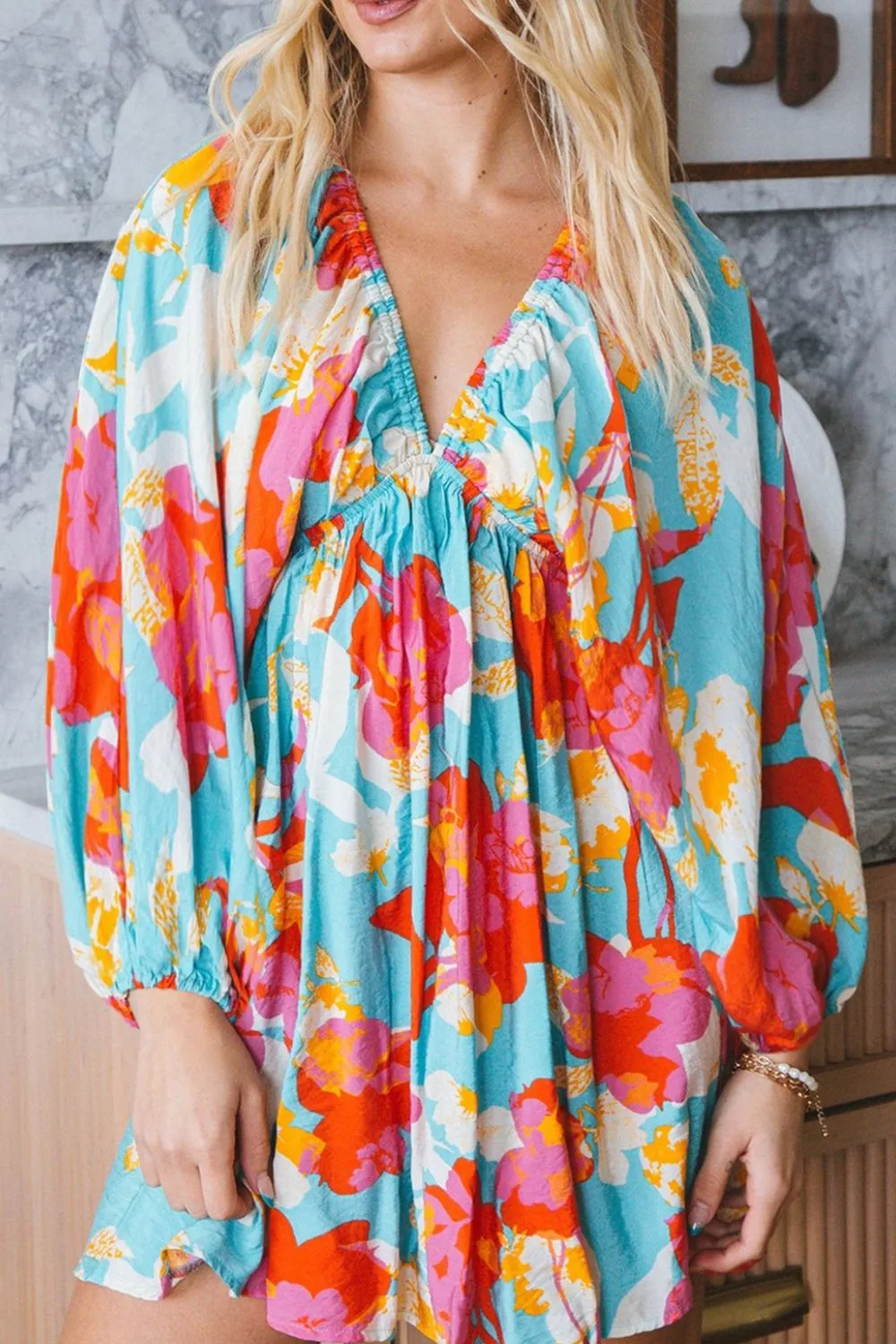 Floral Bracelet Sleeve Empire Waist Mini Dress